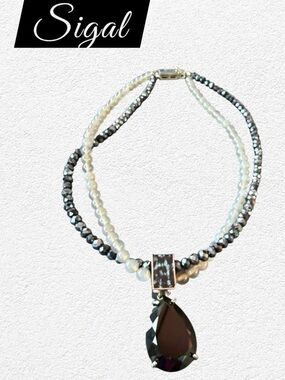 Sigal Double Strand Beaded Statement Necklace - Black/ White Pendant Necklace